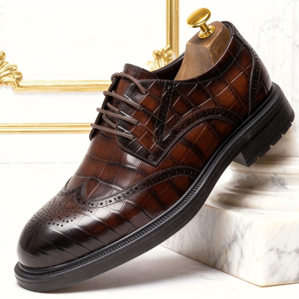 Men's Genuine Leather Checkered Brogue Oxford Dress Shoes - British Style Lace-Up Wingtip Boots (Short) with Pigskin & Rubber Sole, All-Season Wedding, Business & Formal Footwear for Office, Casual - Top-Grain Cowhide