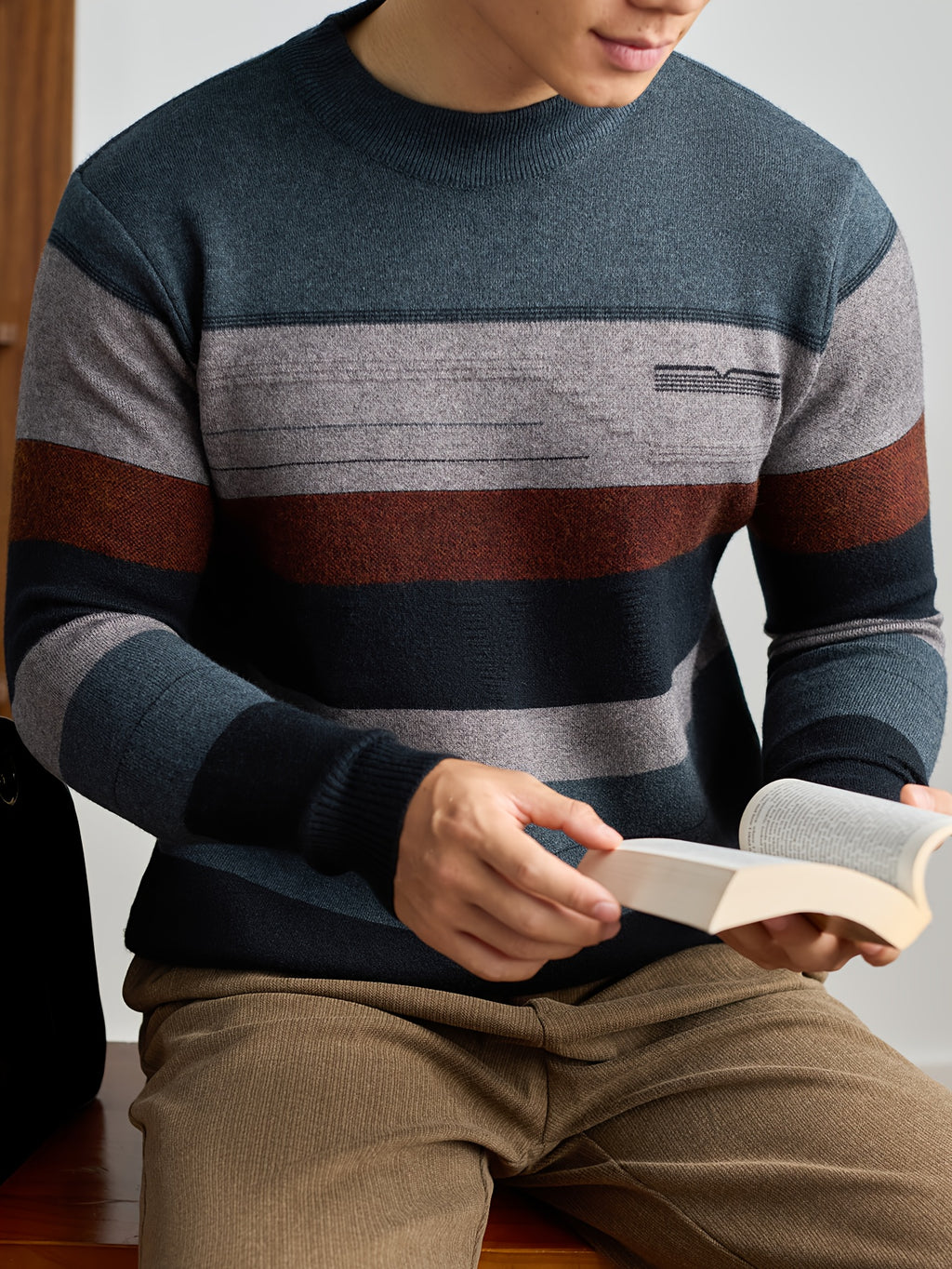 Men'S Thick Knit Sweater - Horizontal Striped Pullover Sweater in Dark Blue/Gray/Red/Black/, Long Sleeve Round Neck Sweater for Fall Winter, Gym, Office, Formal Events - Non-Bulky Warm Sweater for Everyday & Special Occasions