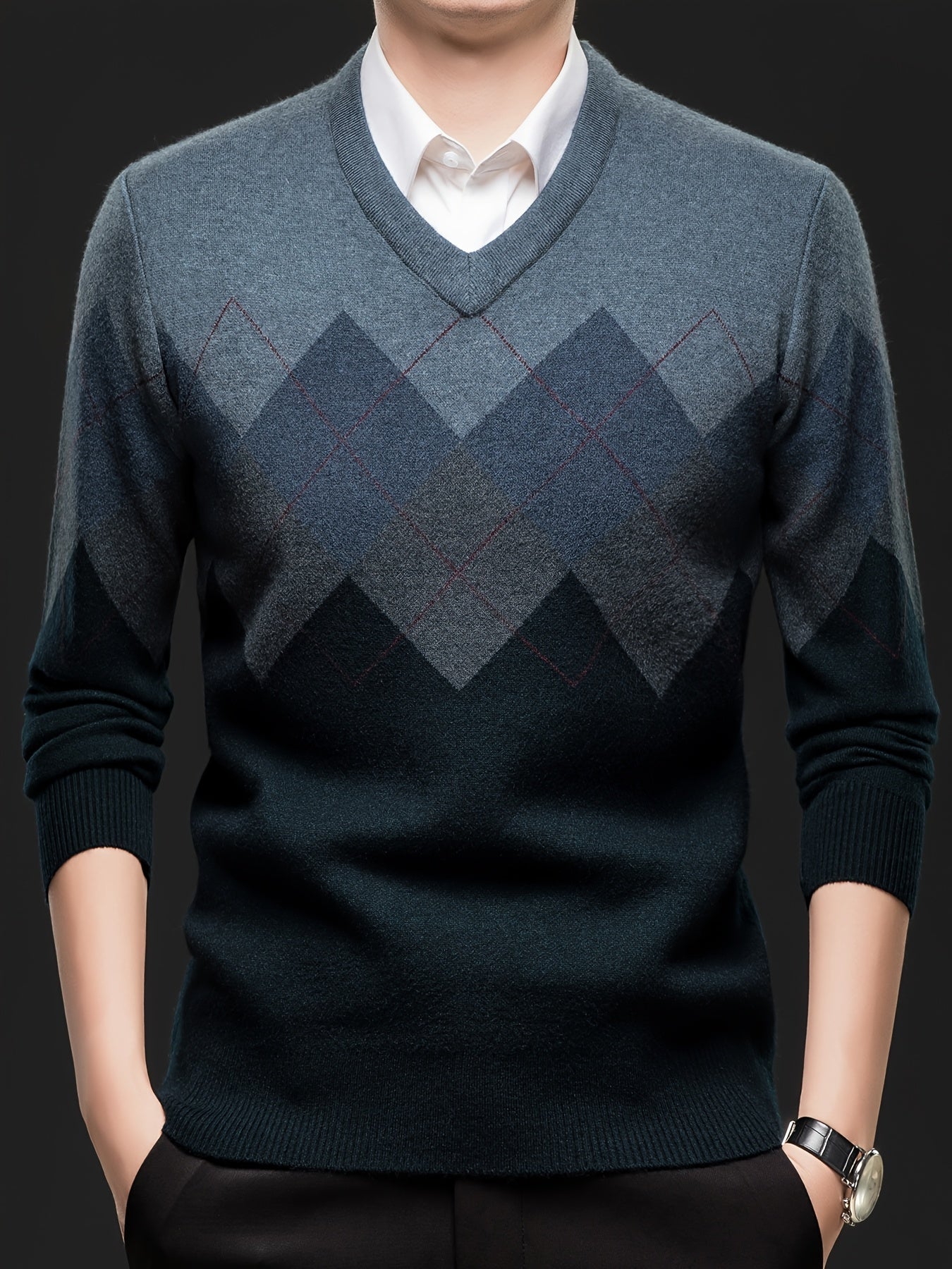 Men'S Classic V-Neck Sweater - Thick Warm Winter Knit Sweater with Geometric Pattern, Long Sleeve Regular Fit for Casual Business & Sports, Fall Winter Warmth, Sweater Vest, Business Casual Wear, Vneck Design, Durable Knitwea