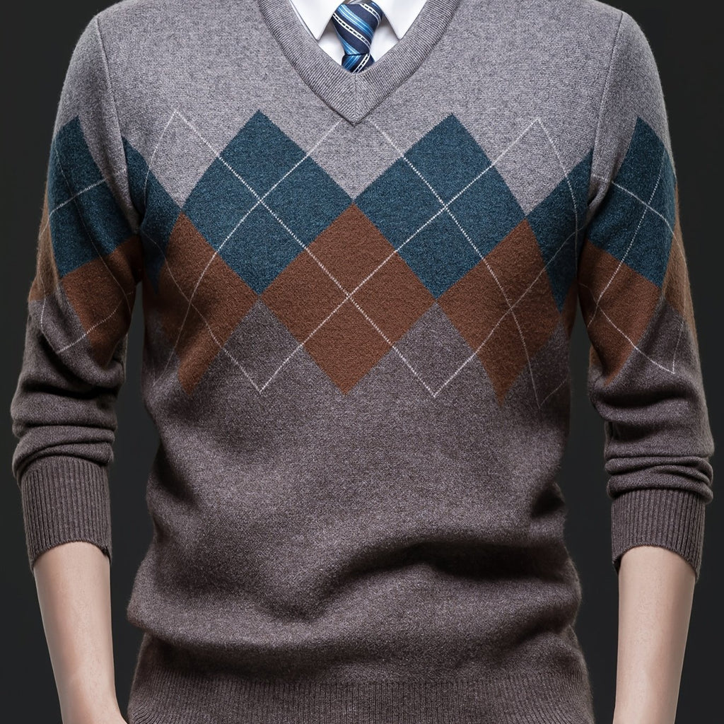 Men'S Classic V-Neck Sweater - Thick Warm Winter Knit Sweater with Geometric Pattern, Long Sleeve Regular Fit for Casual Business & Sports, Fall Winter Warmth, Sweater Vest, Business Casual Wear, Vneck Design, Durable Knitwea