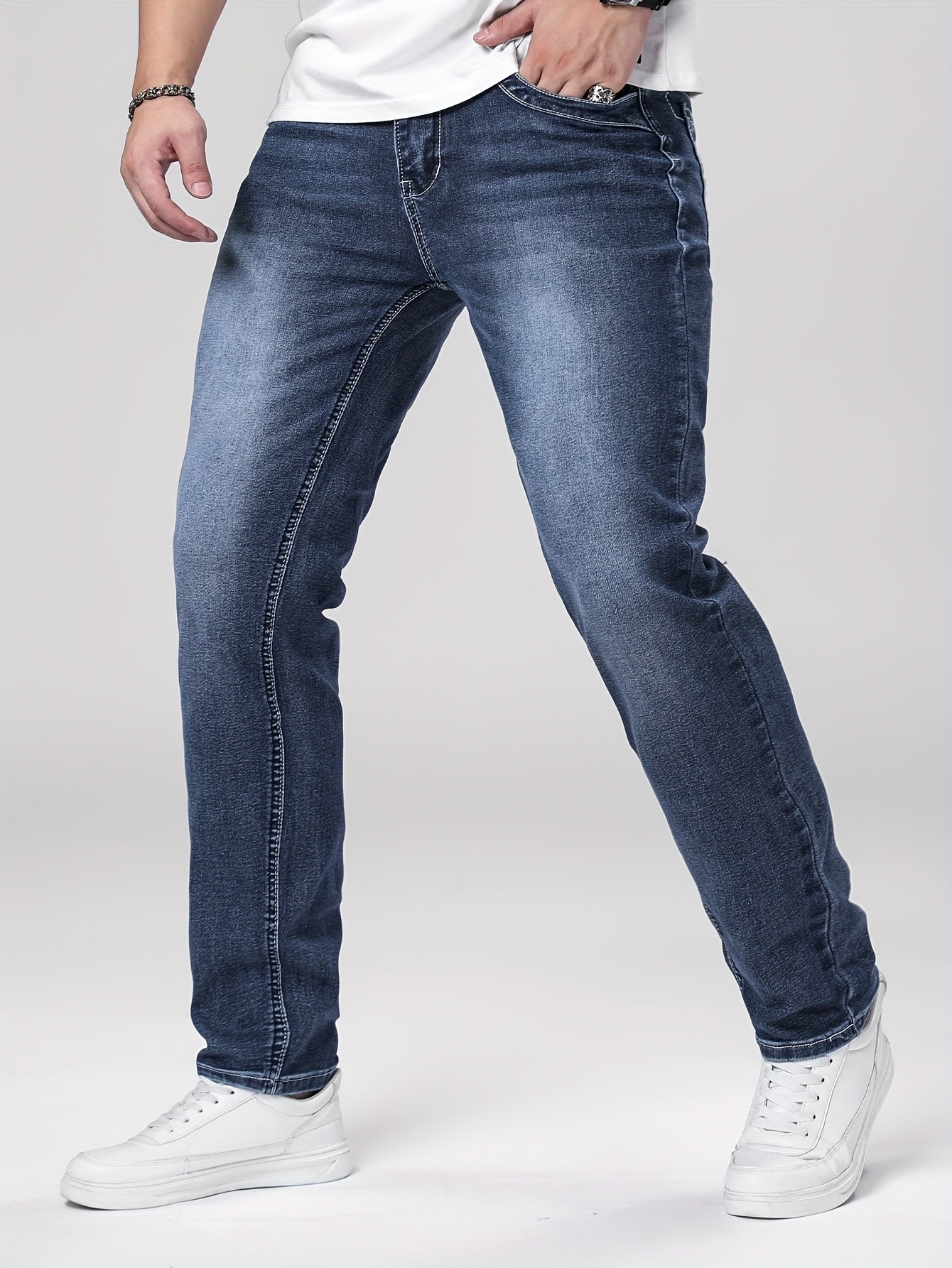 Men'S Skinny Stretch Faux Denim - Dark Blue Skinny Fit Faux Denim with Washed Look, All-Season Comfort, Straight Leg Fit for Casual & Formal Wear