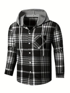 Men's Plaid Shirt Jacket with Hood - Black/White/Gray Tartan Pattern, Collar & Chest Pocket - Winter Warm Coat, Button-Front Blazer for Casual & Smart-Casual Wear (Non-Stretch Woven Fabric)