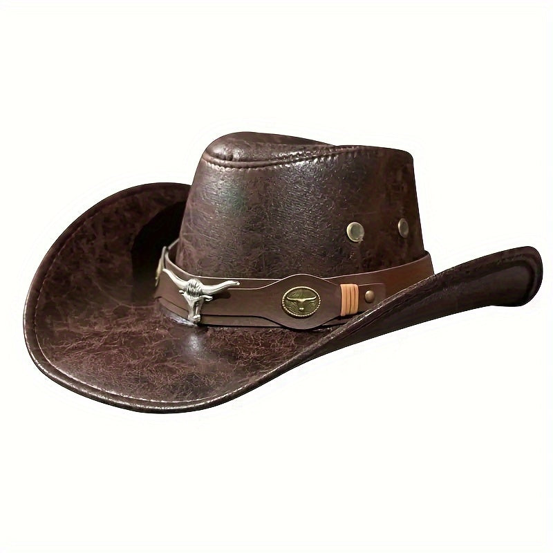 Vintage Style Cowboy Hat with Rivet Details - Brown Leather Cowboy Hat for Outdoor Sun Protection, Western Style, Polyester Material, Featherless, Sun Protection Hat|Vintage Cowboy Hat|Rivet Embellishments