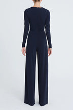 Halston Crew Neck Long Sleeve Keyhole Crossed Front Waist Cutout Solid Jersey Jumpsuit