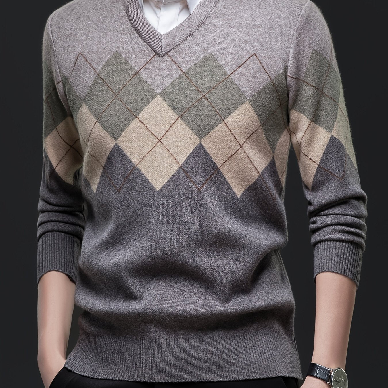 Men'S Classic V-Neck Sweater - Thick Warm Winter Knit Sweater with Geometric Pattern, Long Sleeve Regular Fit for Casual Business & Sports, Fall Winter Warmth, Sweater Vest, Business Casual Wear, Vneck Design, Durable Knitwea