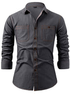 Men's Heavy-Duty Pure Cotton Denim Shirt Jacket - No-Iron Solid Blue Long Sleeve Button-Up Casual Coat, Western Style Collar & Single-Breasted Button Front for Spring/Fall Layering (Regular Fit) - Versatile Outdoor & Formal W