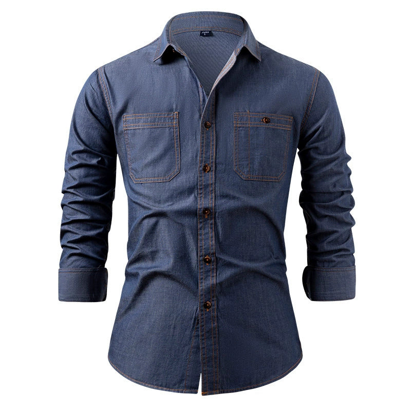 Men's Heavy-Duty Pure Cotton Denim Shirt Jacket - No-Iron Solid Blue Long Sleeve Button-Up Casual Coat, Western Style Collar & Single-Breasted Button Front for Spring/Fall Layering (Regular Fit) - Versatile Outdoor & Formal W