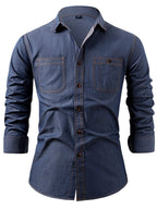 Men's Heavy-Duty Pure Cotton Denim Shirt Jacket - No-Iron Solid Blue Long Sleeve Button-Up Casual Coat, Western Style Collar & Single-Breasted Button Front for Spring/Fall Layering (Regular Fit) - Versatile Outdoor & Formal W