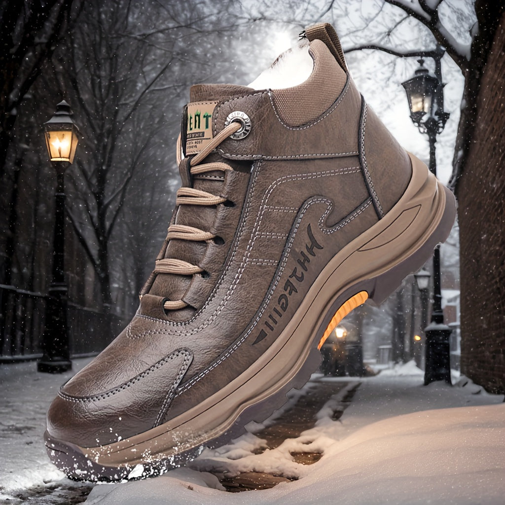 Men's Genuine Leather Winter Boots-like Sneakers - Thick Anti-Skid Rubber Sole, Warm PU & Mid-Calf Traction Tires - All-Terrain Outdoor Shoes for Work,, Snow (Lace-Up, Durable) - Autumn/Fall/Frost Season Footwear