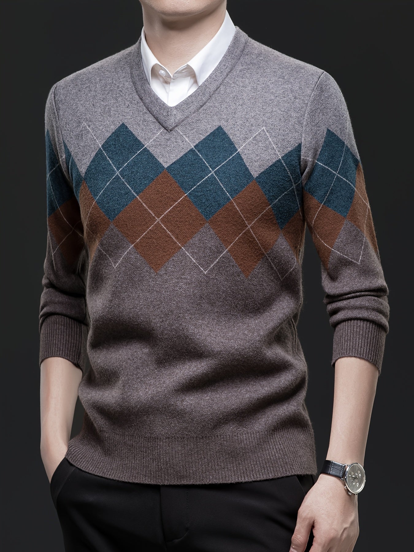 Men'S Classic V-Neck Sweater - Thick Warm Winter Knit Sweater with Geometric Pattern, Long Sleeve Regular Fit for Casual Business & Sports, Fall Winter Warmth, Sweater Vest, Business Casual Wear, Vneck Design, Durable Knitwea