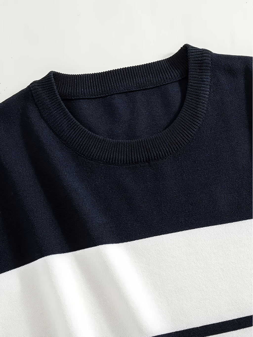 Men's Navy & White Horizontal Stripe Knit Sweater - Breathable Pullover Shirt, Regular Fit Casual Summer Top for Everyday & Formal Outfits, Medium Elasticity