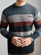 Men'S Thick Knit Sweater - Horizontal Striped Pullover Sweater in Dark Blue/Gray/Red/Black/, Long Sleeve Round Neck Sweater for Fall Winter, Gym, Office, Formal Events - Non-Bulky Warm Sweater for Everyday & Special Occasions