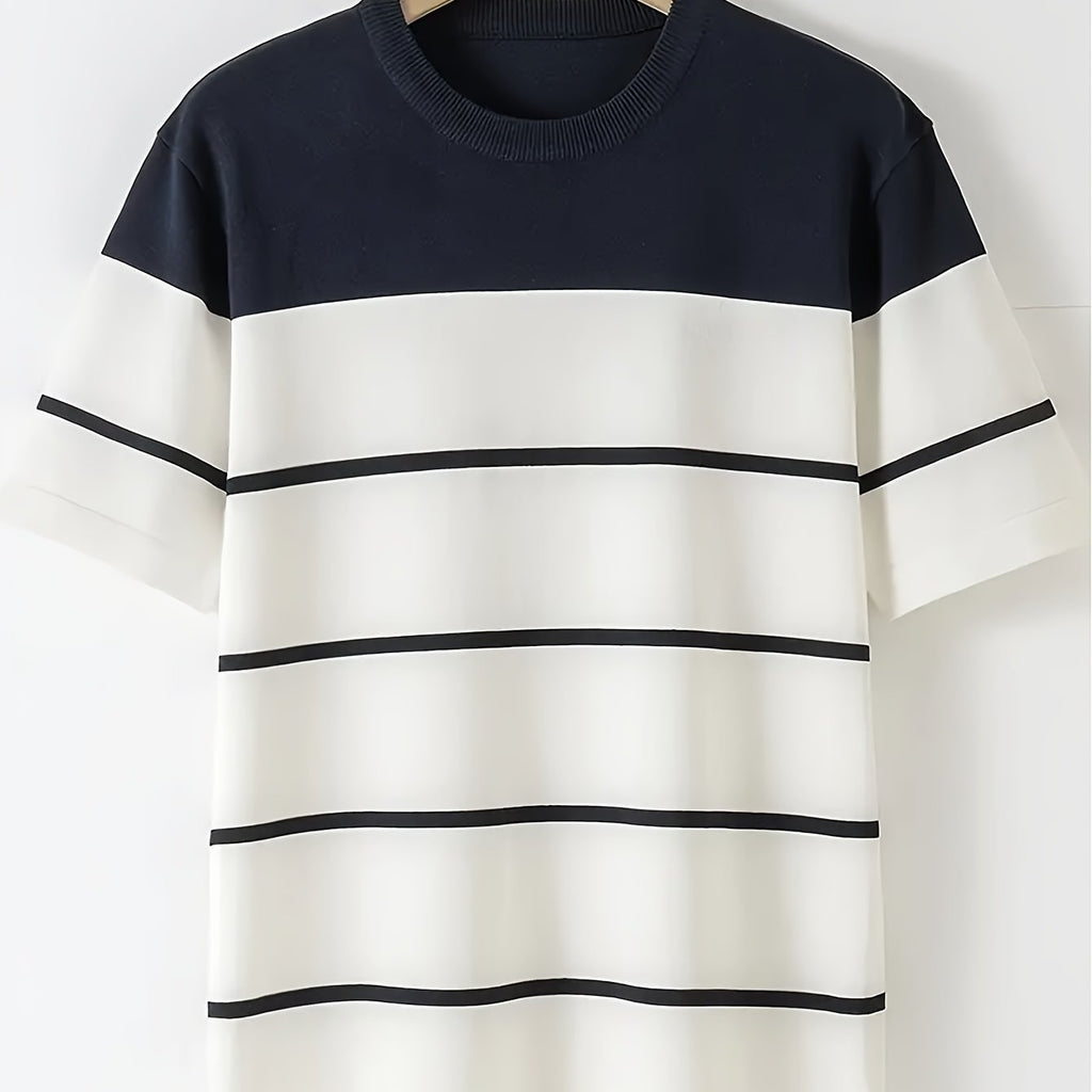 Men's Navy & White Horizontal Stripe Knit Sweater - Breathable Pullover Shirt, Regular Fit Casual Summer Top for Everyday & Formal Outfits, Medium Elasticity