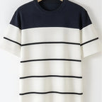Men's Navy & White Horizontal Stripe Knit Sweater - Breathable Pullover Shirt, Regular Fit Casual Summer Top for Everyday & Formal Outfits, Medium Elasticity