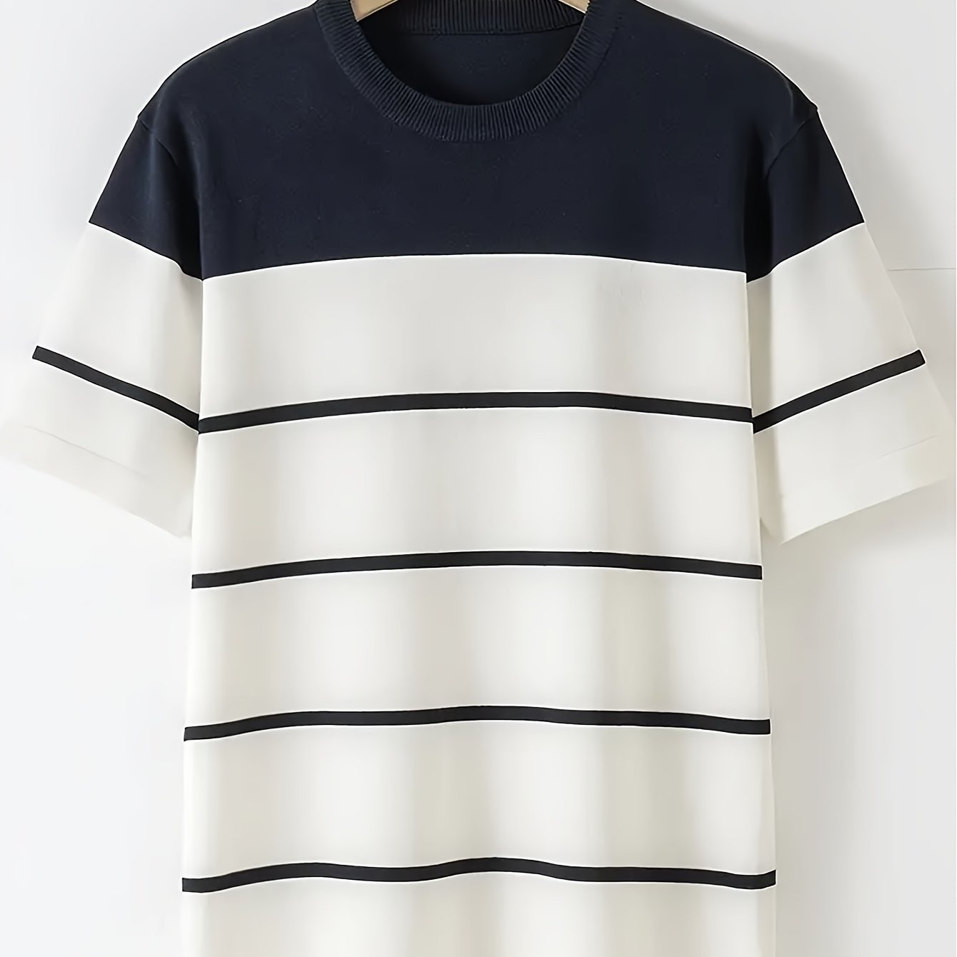 Men's Navy & White Horizontal Stripe Knit Sweater - Breathable Pullover Shirt, Regular Fit Casual Summer Top for Everyday & Formal Outfits, Medium Elasticity