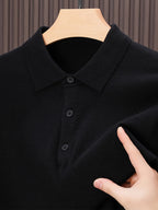 SENMEIGUO Men'S Slim-Fit Classic Collar Knit Sweater Shirt - Solid Black Long Sleeve Winter Pullover with Chest Patches, Hand Wash/Dry Clean, Autumn & Winter Wardrobe Essential, Knit Button Up Sweater, Sophisticated Layering,