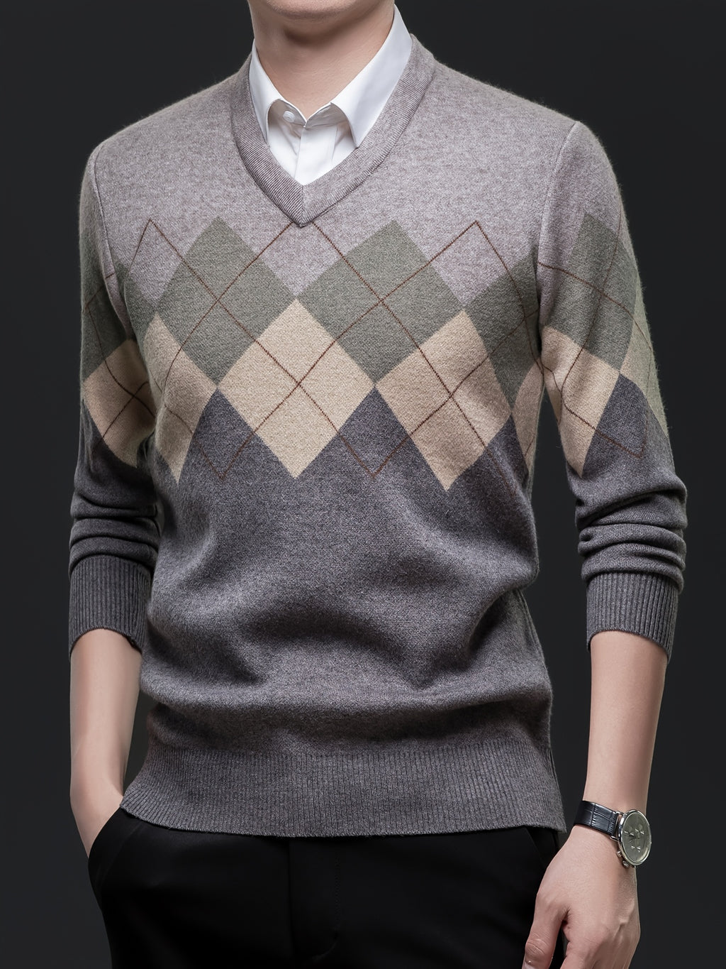 Men'S Classic V-Neck Sweater - Thick Warm Winter Knit Sweater with Geometric Pattern, Long Sleeve Regular Fit for Casual Business & Sports, Fall Winter Warmth, Sweater Vest, Business Casual Wear, Vneck Design, Durable Knitwea