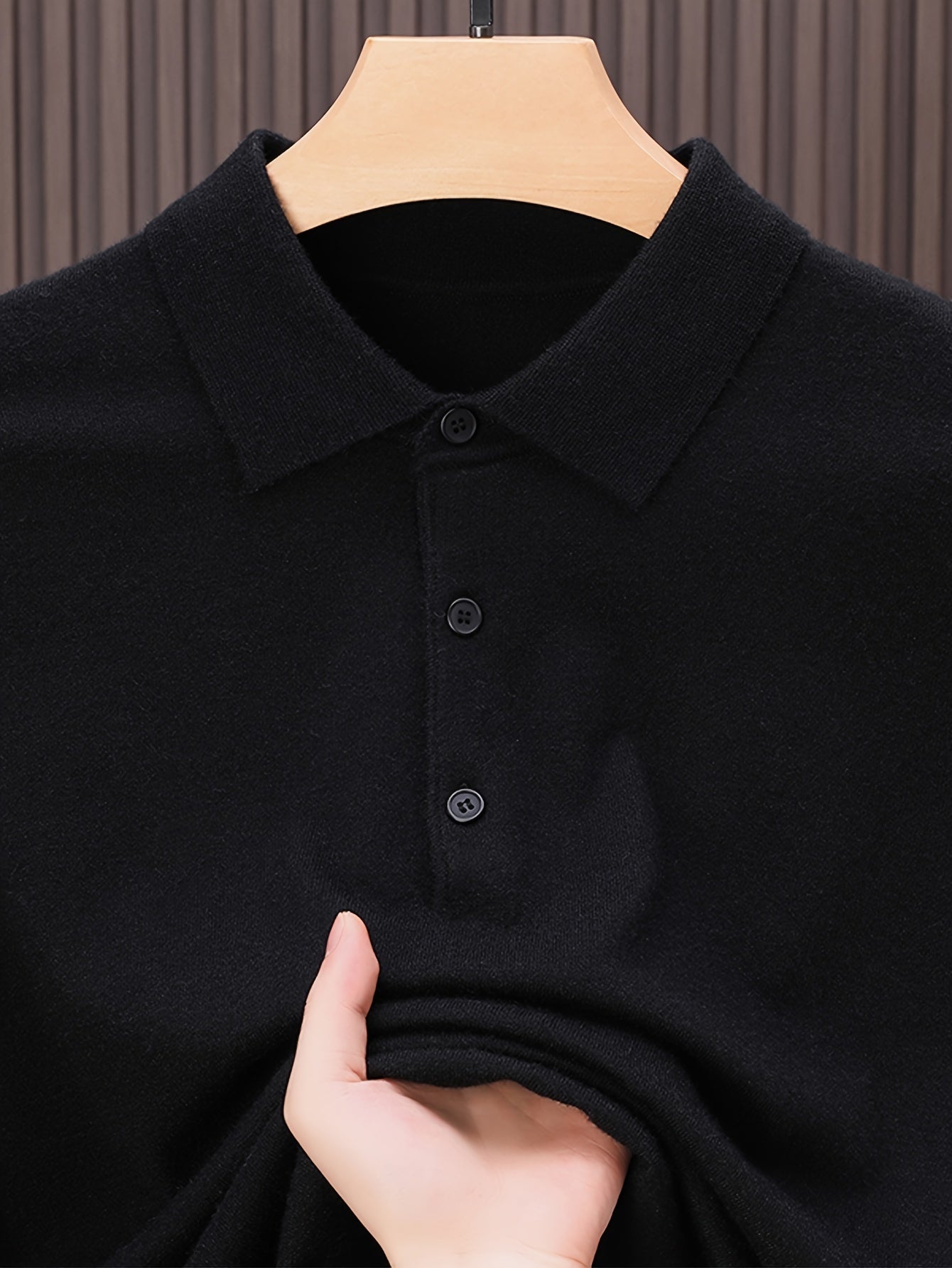 SENMEIGUO Men'S Slim-Fit Classic Collar Knit Sweater Shirt - Solid Black Long Sleeve Winter Pullover with Chest Patches, Hand Wash/Dry Clean, Autumn & Winter Wardrobe Essential, Knit Button Up Sweater, Sophisticated Layering,