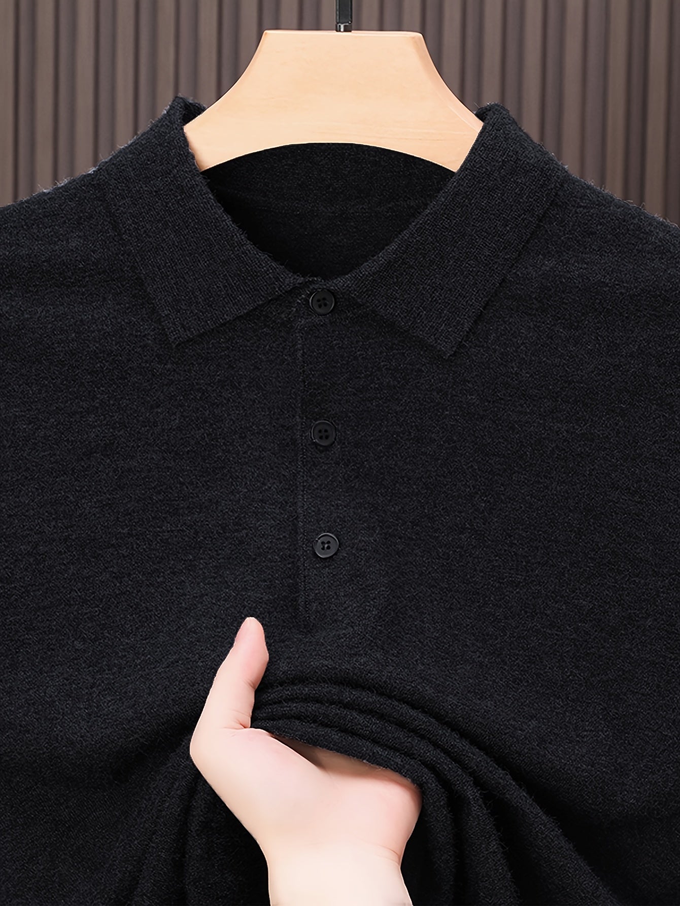 SENMEIGUO Men'S Slim-Fit Classic Collar Knit Sweater Shirt - Solid Black Long Sleeve Winter Pullover with Chest Patches, Hand Wash/Dry Clean, Autumn & Winter Wardrobe Essential, Knit Button Up Sweater, Sophisticated Layering,