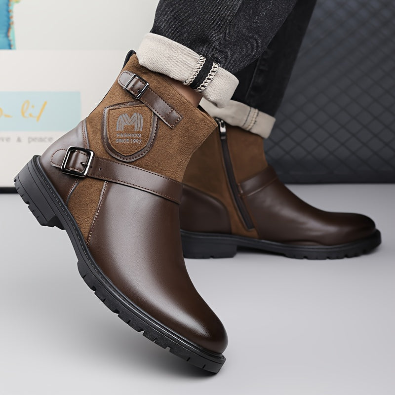 Men's Winter Full-Zip Chelsea Boots - British s with Buckle Strap & Buckles, Upper & Sole, Round Toe Short Ankle Booties for Outdoor, Casual, - Glossy Black (No-Collar Design)