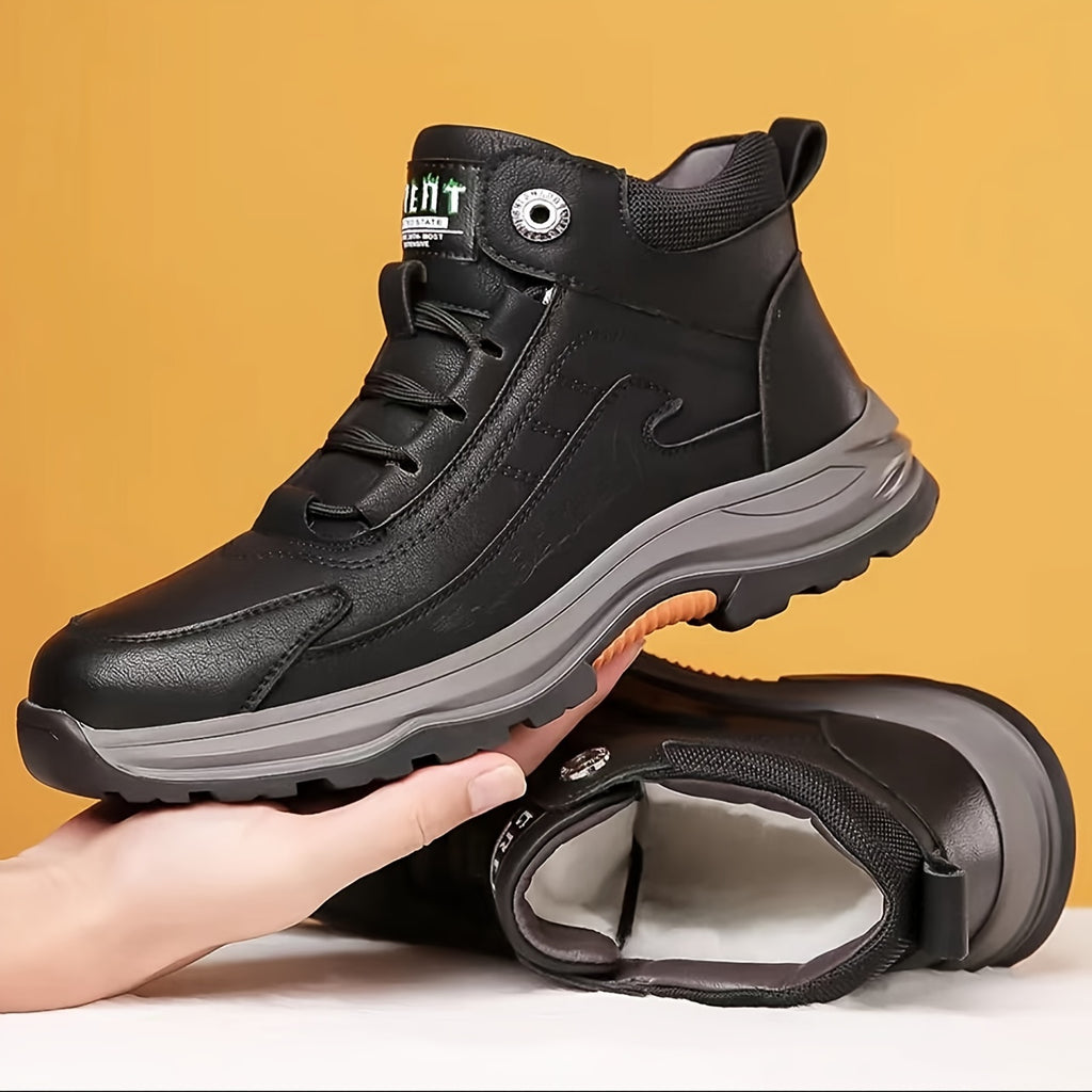 Men's Genuine Leather Winter Boots-like Sneakers - Thick Anti-Skid Rubber Sole, Warm PU & Mid-Calf Traction Tires - All-Terrain Outdoor Shoes for Work,, Snow (Lace-Up, Durable) - Autumn/Fall/Frost Season Footwear