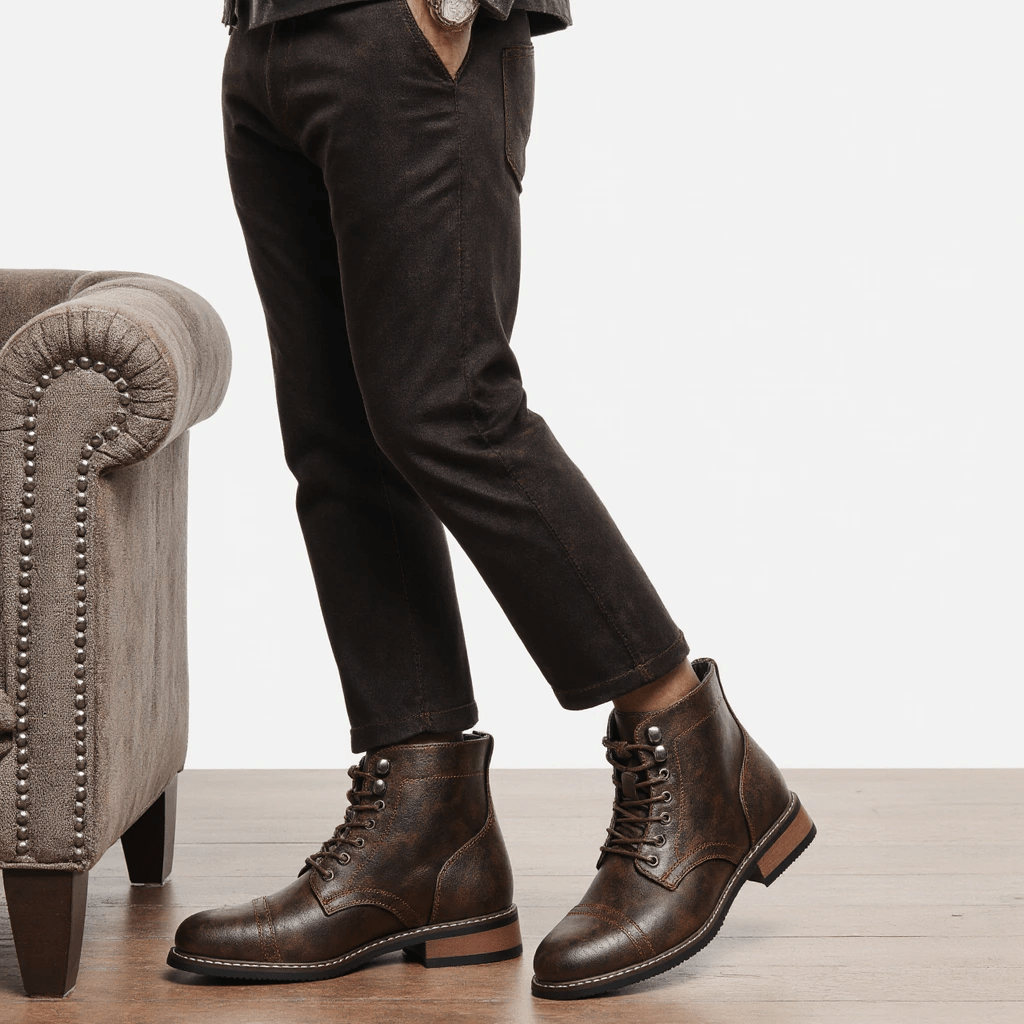 Men'S Vintage Industrial Boots - Brown Faux Upper, Non-Slip Rubber Sole, Lace-Up Ankle Support Boots for Work, Formal & Casual Attire - All-Season (Spring/Fall/Winter) - Durable & Easy-Clean Shoes, Work Footwear, Classic Desi