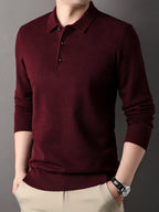 SENMEIGUO Men'S Slim-Fit Classic Collar Knit Sweater Shirt - Solid Black Long Sleeve Winter Pullover with Chest Patches, Hand Wash/Dry Clean, Autumn & Winter Wardrobe Essential, Knit Button Up Sweater, Sophisticated Layering,