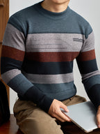 Men'S Thick Knit Sweater - Horizontal Striped Pullover Sweater in Dark Blue/Gray/Red/Black/, Long Sleeve Round Neck Sweater for Fall Winter, Gym, Office, Formal Events - Non-Bulky Warm Sweater for Everyday & Special Occasions