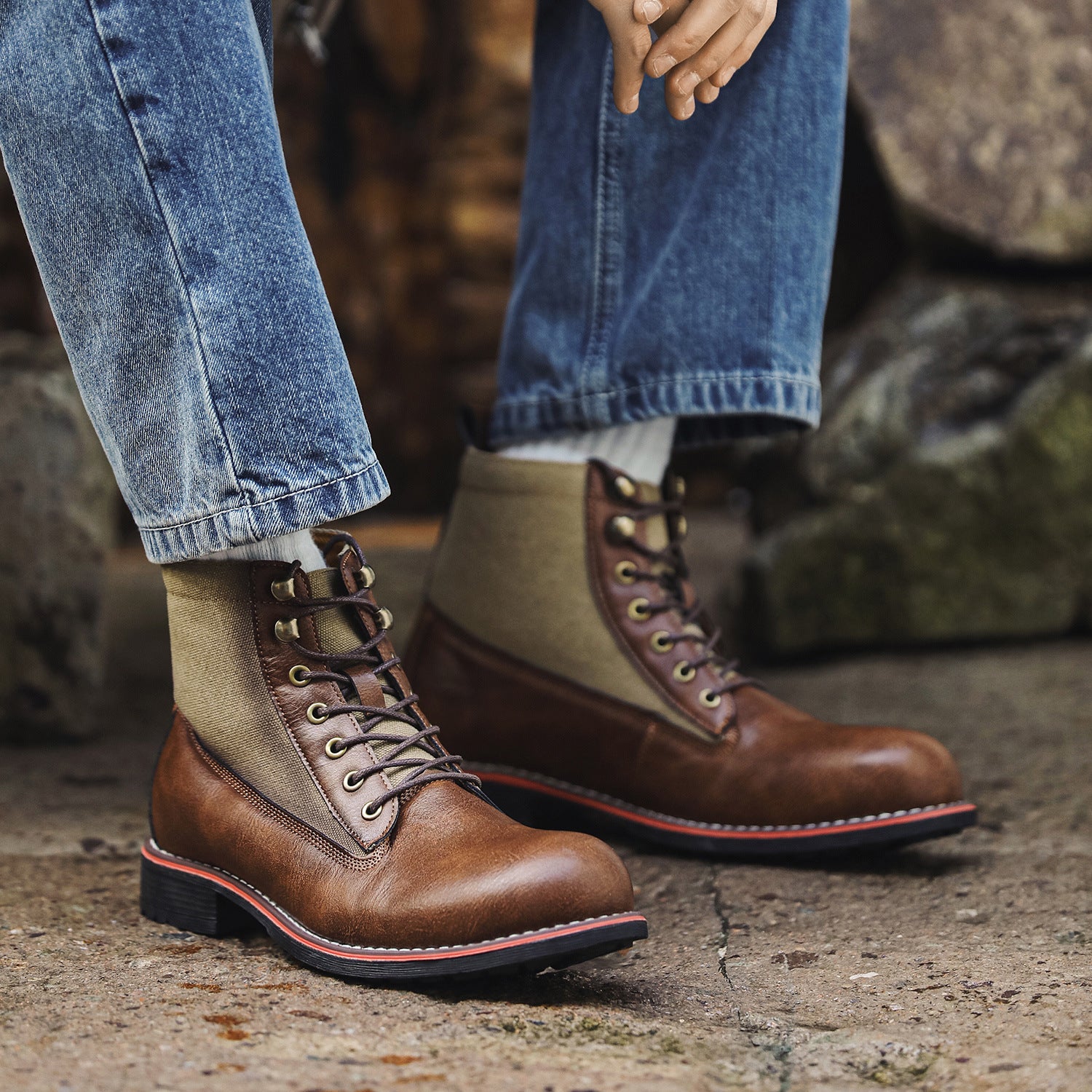 Men's Vintage Distressed Biker Boots - Short Height with  Sole & Spliced  Upper (Microfiber) - Retro Motorcycle Boots for Outdoor,, Casual Wear - Durable & Comfortable Vintage Footwear