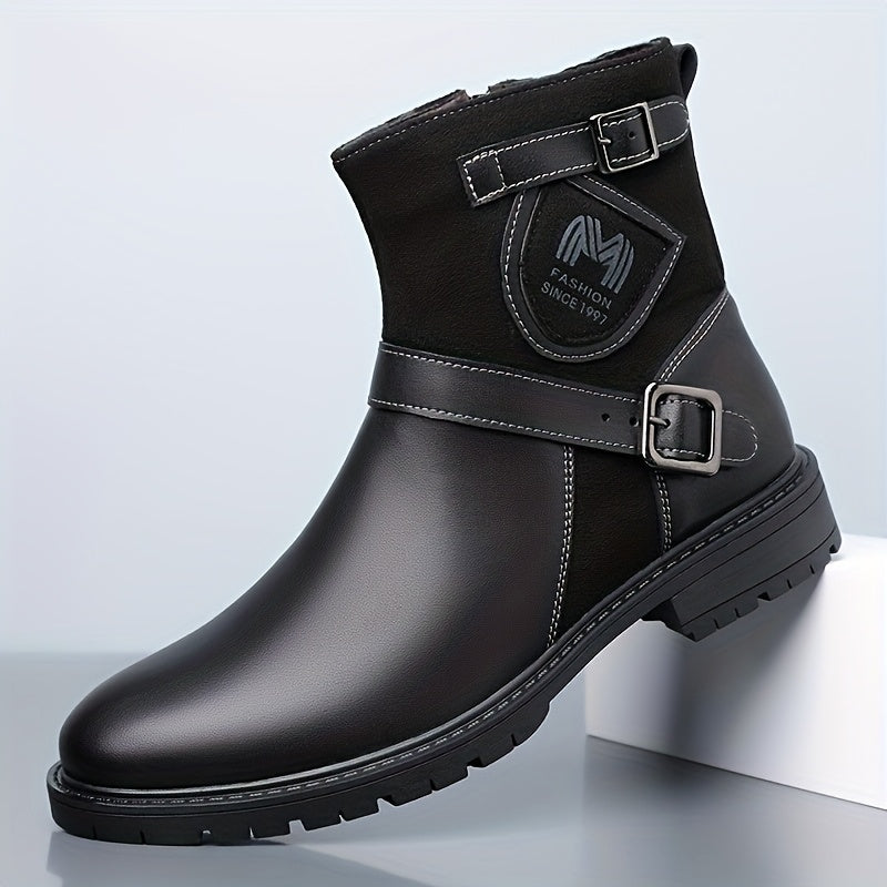 Men's Winter Full-Zip Chelsea Boots - British s with Buckle Strap & Buckles, Upper & Sole, Round Toe Short Ankle Booties for Outdoor, Casual, - Glossy Black (No-Collar Design)