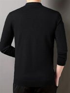 SENMEIGUO Men'S Slim-Fit Classic Collar Knit Sweater Shirt - Solid Black Long Sleeve Winter Pullover with Chest Patches, Hand Wash/Dry Clean, Autumn & Winter Wardrobe Essential, Knit Button Up Sweater, Sophisticated Layering,