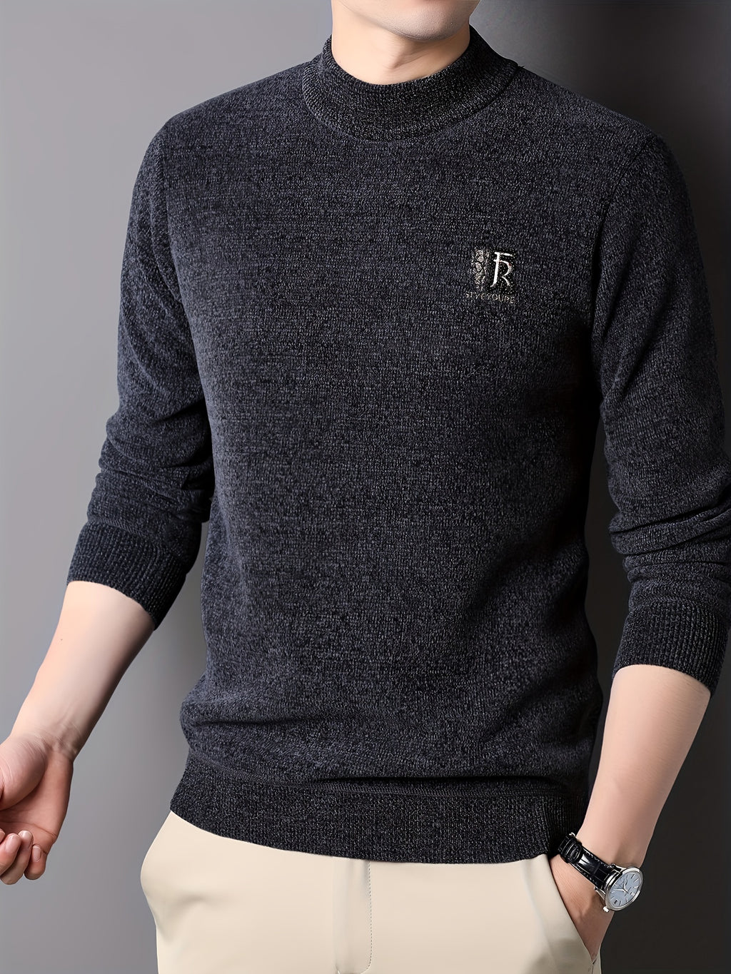 Men'S Autumn and Winter Casual Mid-Length Round Neck Knit Sweater - Semiguo