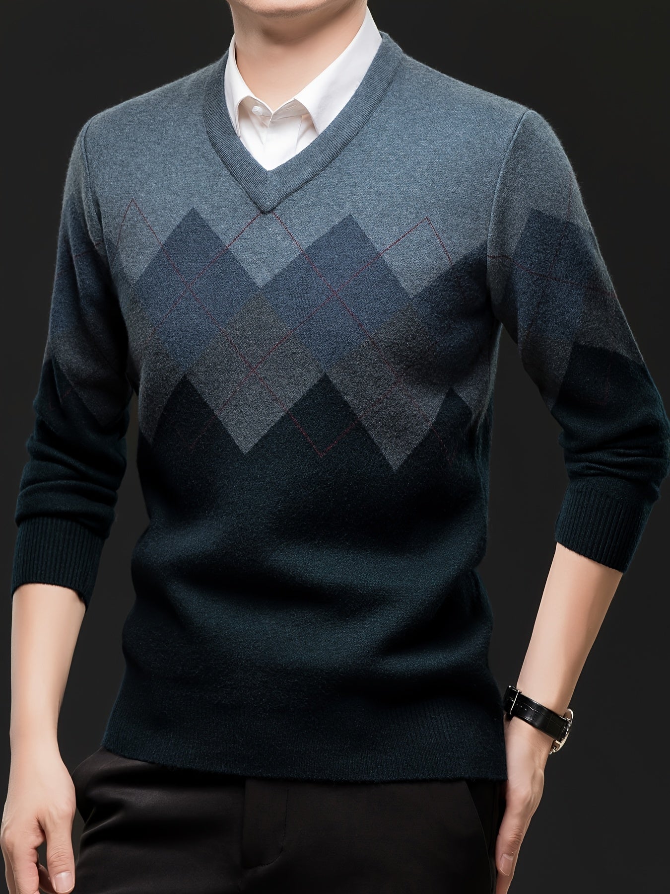 Men'S Classic V-Neck Sweater - Thick Warm Winter Knit Sweater with Geometric Pattern, Long Sleeve Regular Fit for Casual Business & Sports, Fall Winter Warmth, Sweater Vest, Business Casual Wear, Vneck Design, Durable Knitwea