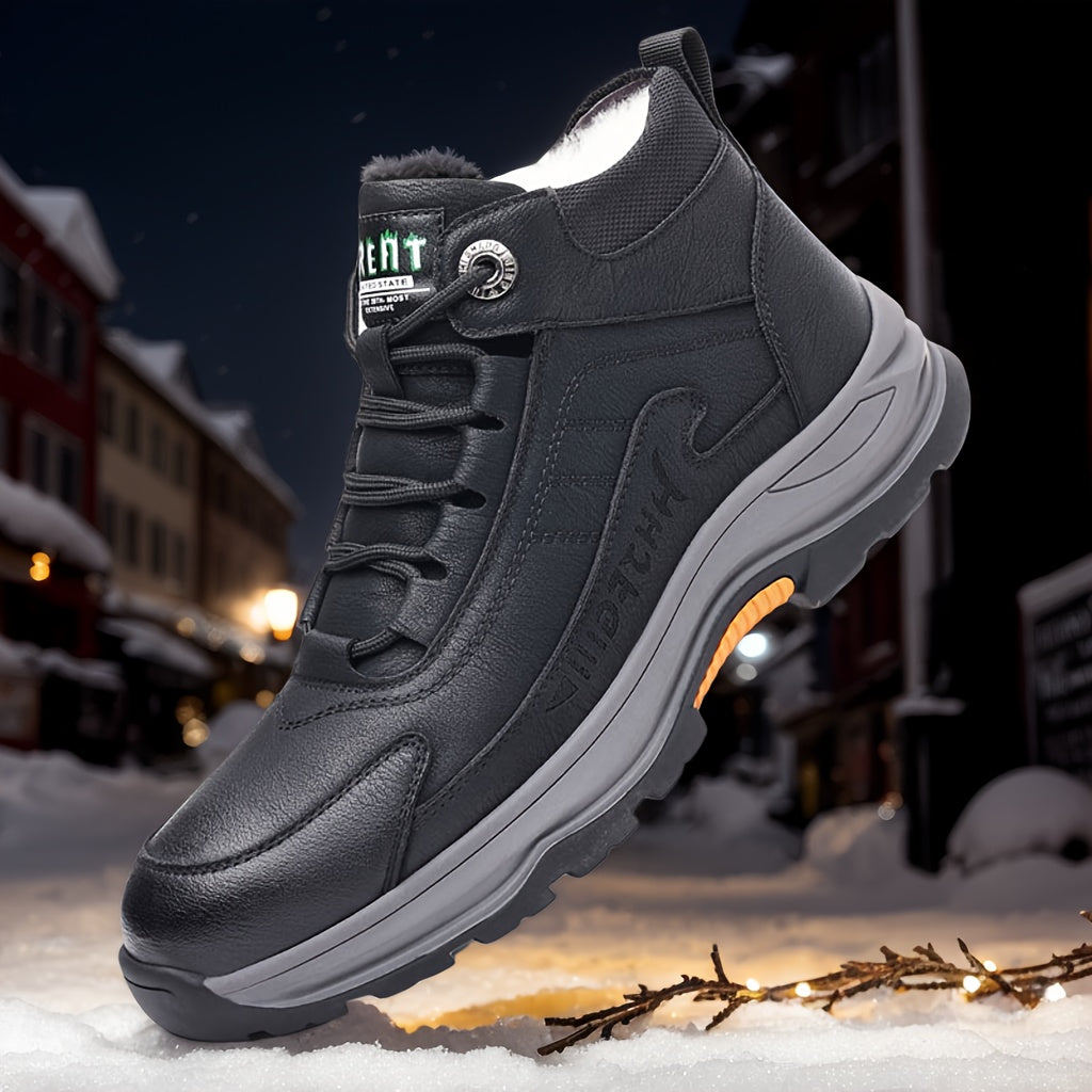 Men's Genuine Leather Winter Boots-like Sneakers - Thick Anti-Skid Rubber Sole, Warm PU & Mid-Calf Traction Tires - All-Terrain Outdoor Shoes for Work,, Snow (Lace-Up, Durable) - Autumn/Fall/Frost Season Footwear
