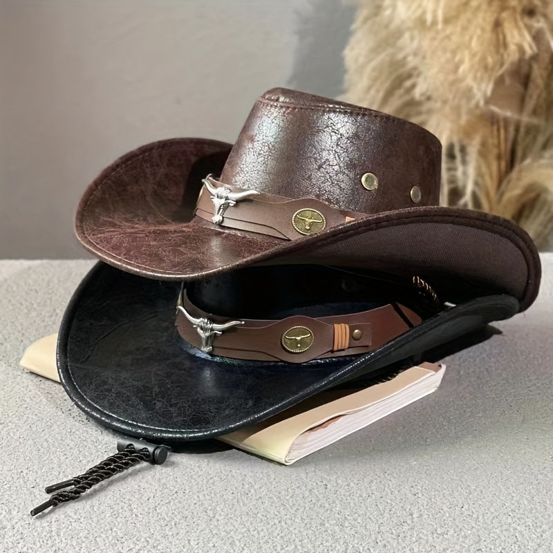 Vintage Style Cowboy Hat with Rivet Details - Brown Leather Cowboy Hat for Outdoor Sun Protection, Western Style, Polyester Material, Featherless, Sun Protection Hat|Vintage Cowboy Hat|Rivet Embellishments