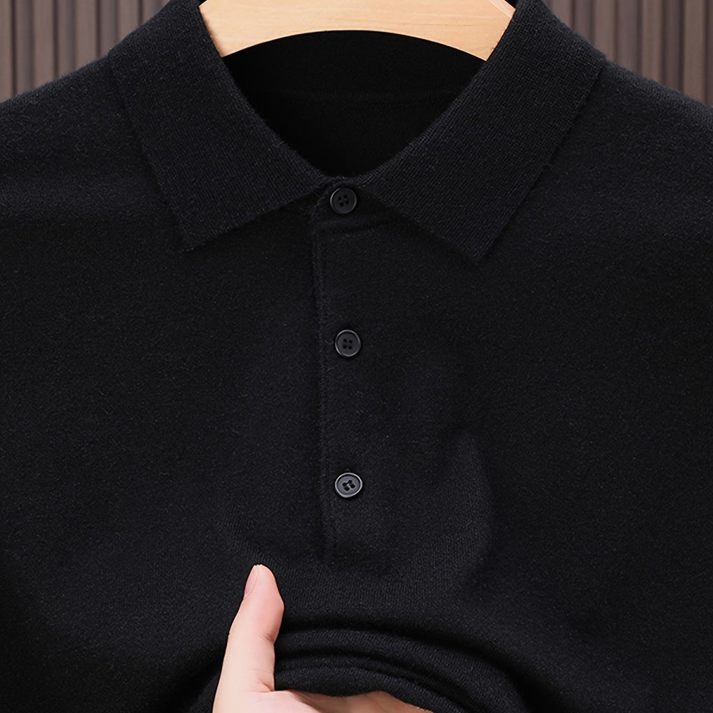 SENMEIGUO Men'S Slim-Fit Classic Collar Knit Sweater Shirt - Solid Black Long Sleeve Winter Pullover with Chest Patches, Hand Wash/Dry Clean, Autumn & Winter Wardrobe Essential, Knit Button Up Sweater, Sophisticated Layering,