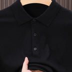 SENMEIGUO Men'S Slim-Fit Classic Collar Knit Sweater Shirt - Solid Black Long Sleeve Winter Pullover with Chest Patches, Hand Wash/Dry Clean, Autumn & Winter Wardrobe Essential, Knit Button Up Sweater, Sophisticated Layering,