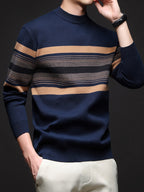 Men's Navy Blue & Brown Striped Sweater - Heavyweight Winter Pullover with Beige/ Tones, Round Neck Long Sleeve Casual & Outdoor Wear, Fish Tail Hem, Multi-Season /Christmas/Father’s Day Sweater (Regular Fit)