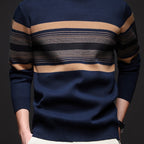Men's Navy Blue & Brown Striped Sweater - Heavyweight Winter Pullover with Beige/ Tones, Round Neck Long Sleeve Casual & Outdoor Wear, Fish Tail Hem, Multi-Season /Christmas/Father’s Day Sweater (Regular Fit)
