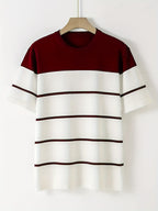 Men's Navy & White Horizontal Stripe Knit Sweater - Breathable Pullover Shirt, Regular Fit Casual Summer Top for Everyday & Formal Outfits, Medium Elasticity