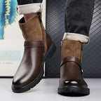 Men's Winter Full-Zip Chelsea Boots - British s with Buckle Strap & Buckles, Upper & Sole, Round Toe Short Ankle Booties for Outdoor, Casual, - Glossy Black (No-Collar Design)