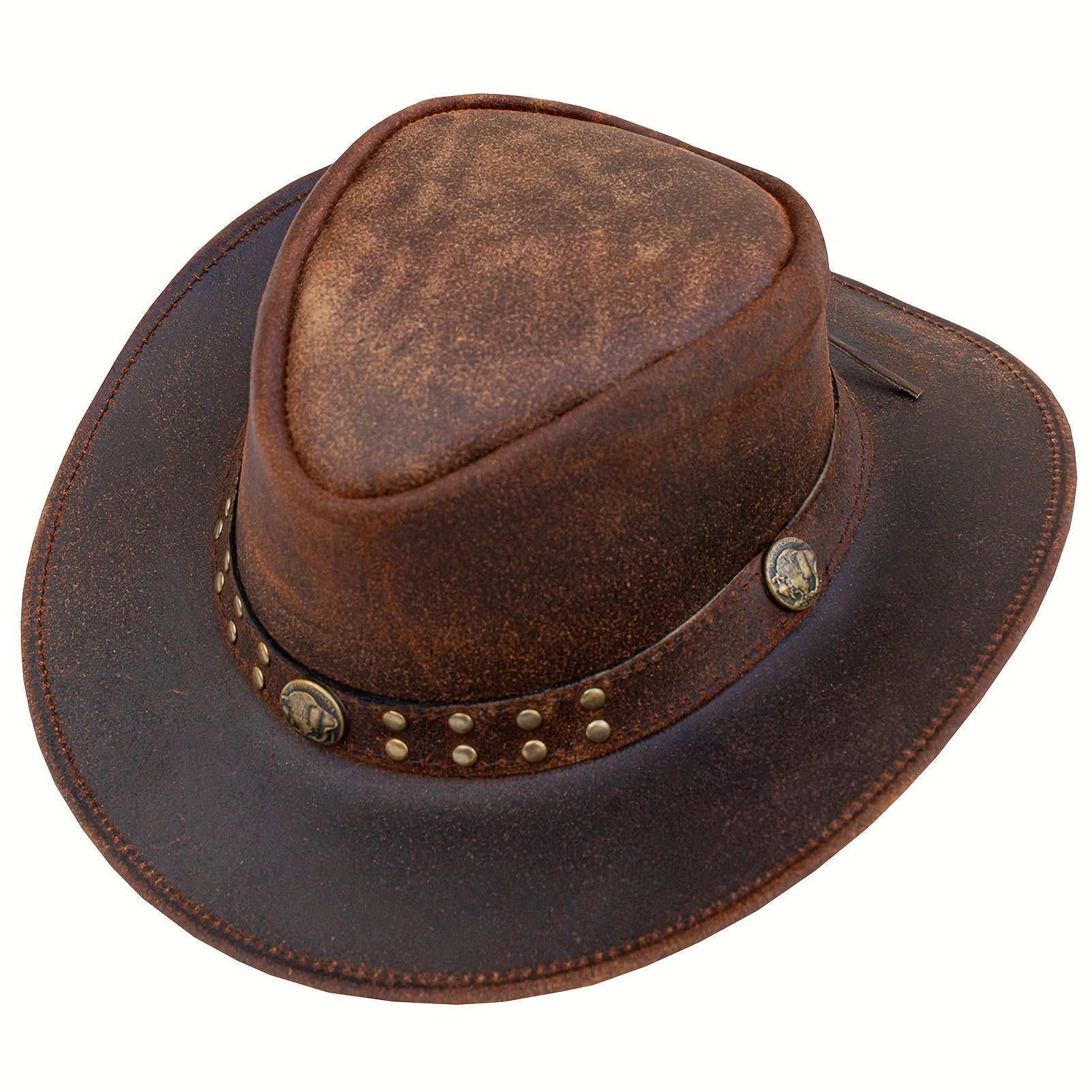 Genuine Top-Grain Leather Cowboy Hat for Men & Women - Vintage Western Australian Style with Shapeable Wide Brim, Sun Protection & High Quality, Adjustable Chin Strap & Breathable High Crown - Brown Unisex Adult Hat for Rodeo