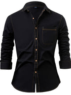 Men's Heavy-Duty Pure Cotton Denim Shirt Jacket - No-Iron Solid Blue Long Sleeve Button-Up Casual Coat, Western Style Collar & Single-Breasted Button Front for Spring/Fall Layering (Regular Fit) - Versatile Outdoor & Formal W