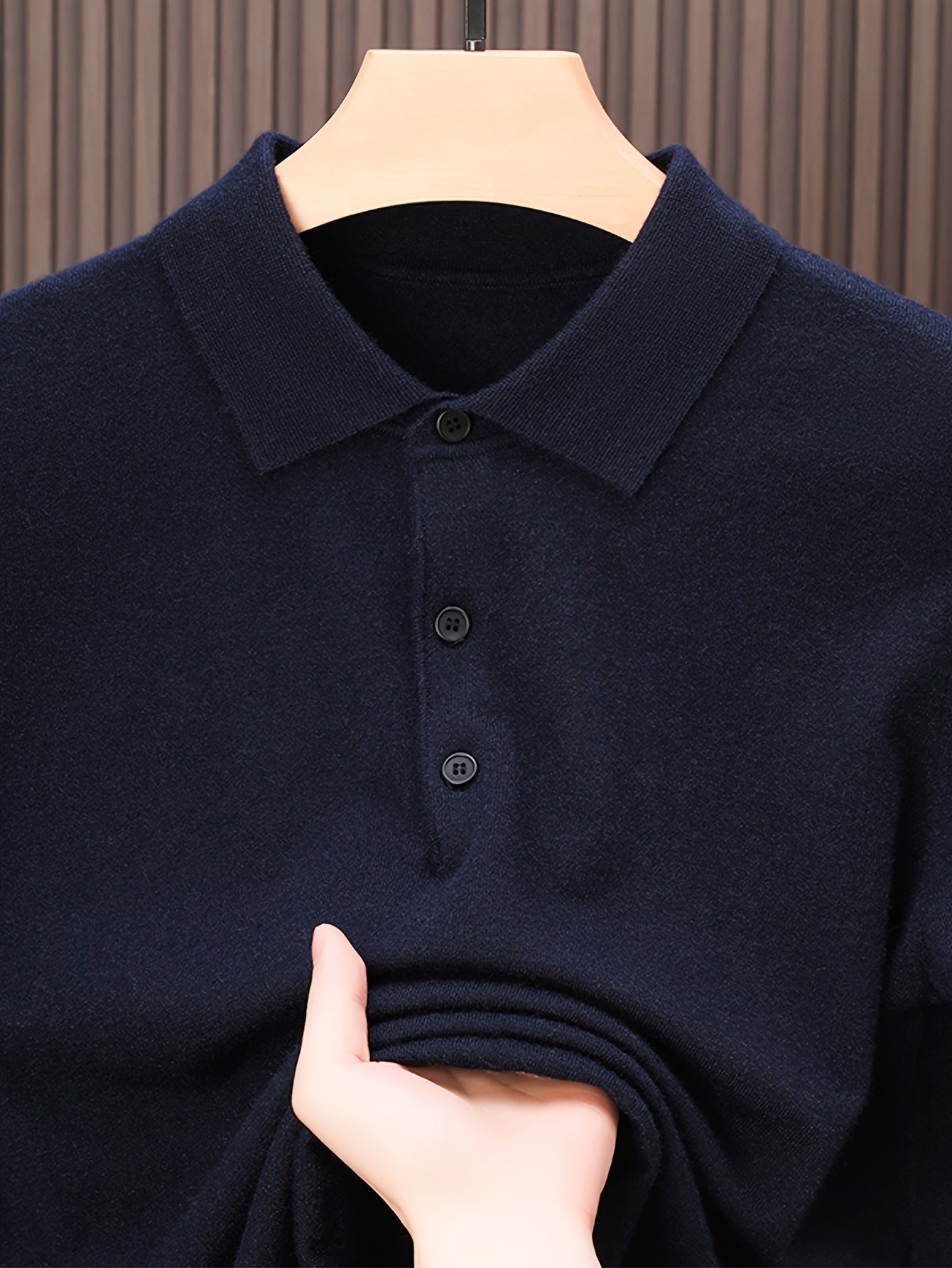 SENMEIGUO Men'S Slim-Fit Classic Collar Knit Sweater Shirt - Solid Black Long Sleeve Winter Pullover with Chest Patches, Hand Wash/Dry Clean, Autumn & Winter Wardrobe Essential, Knit Button Up Sweater, Sophisticated Layering,