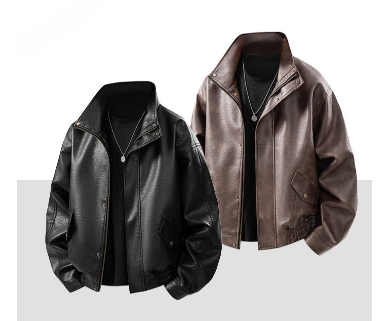 1pc TNZI Men'S Windproof Motorcycle Jacket - Large Size Heavy-Duty Stand Collar Zipper Closure, Full-Zip Front with Utility Pockets, Reinforced Elbows & Wrist, Durable for Autumn/Winter Riding & Casual/Business Wear, Motorcyc