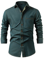 Men's Heavy-Duty Pure Cotton Denim Shirt Jacket - No-Iron Solid Blue Long Sleeve Button-Up Casual Coat, Western Style Collar & Single-Breasted Button Front for Spring/Fall Layering (Regular Fit) - Versatile Outdoor & Formal W