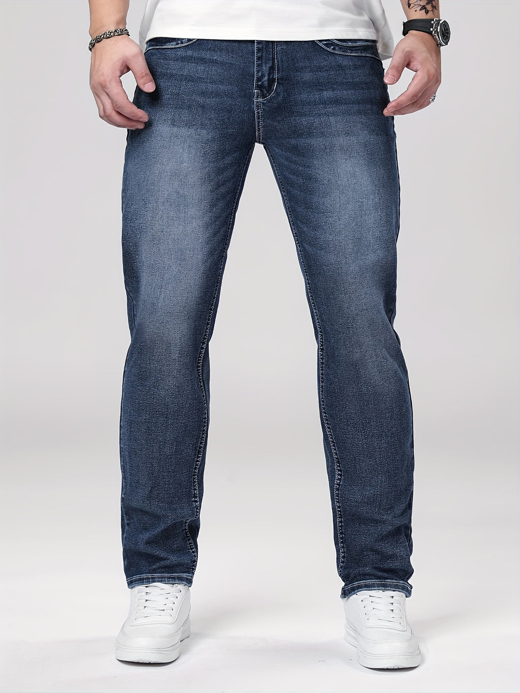 Men'S Skinny Stretch Faux Denim - Dark Blue Skinny Fit Faux Denim with Washed Look, All-Season Comfort, Straight Leg Fit for Casual & Formal Wear