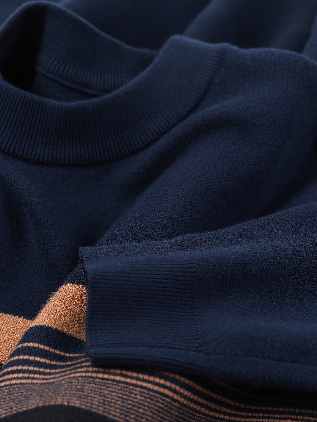 Men's Navy Blue & Brown Striped Sweater - Heavyweight Winter Pullover with Beige/ Tones, Round Neck Long Sleeve Casual & Outdoor Wear, Fish Tail Hem, Multi-Season /Christmas/Father’s Day Sweater (Regular Fit)