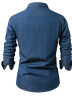 Men's Heavy-Duty Pure Cotton Denim Shirt Jacket - No-Iron Solid Blue Long Sleeve Button-Up Casual Coat, Western Style Collar & Single-Breasted Button Front for Spring/Fall Layering (Regular Fit) - Versatile Outdoor & Formal W