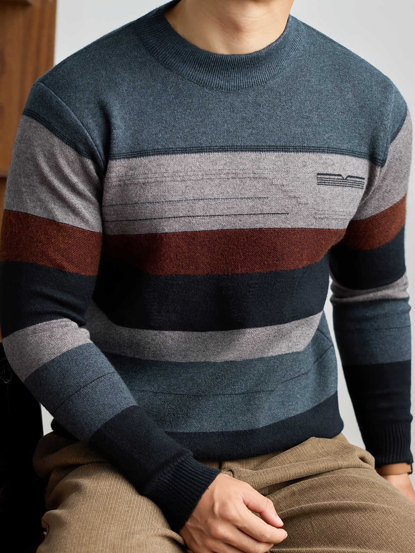 Men'S Thick Knit Sweater - Horizontal Striped Pullover Sweater in Dark Blue/Gray/Red/Black/, Long Sleeve Round Neck Sweater for Fall Winter, Gym, Office, Formal Events - Non-Bulky Warm Sweater for Everyday & Special Occasions